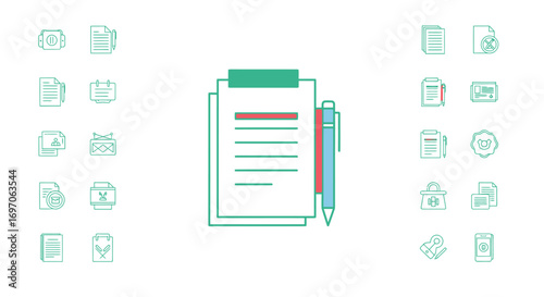 Vector Icons Set of Clipboard and Pen Document Icon Set for Business and Office. EPS Editable