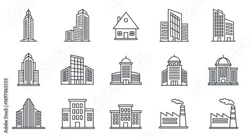 Vector Icons Set of Collection of Building Icons Skyscraper House Factory and Office Line Art. EPS Editable