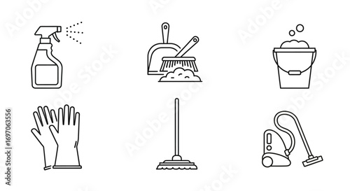 Vector Icons Set of Collection of Cleaning Tools and Equipment Line Icons. EPS Editable