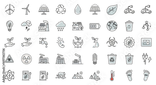 Vector Icons Set of Collection of Doodle Style Environmental and Green Power Icons. EPS Editable