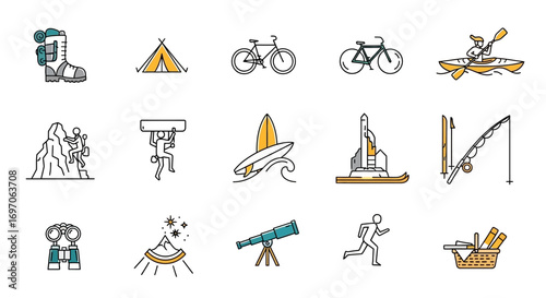 Vector Icons Set of Collection of Outdoor Leisure and Adventure Vector Icons. EPS Editable