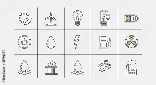 Vector Icons Set of Collection of Energy and Power Source Line Icons. EPS Editable