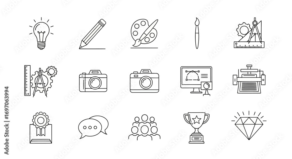 Fototapeta premium Vector Icons Set of Creative Process and Graphic Design Thin Line Icons Set. EPS Editable