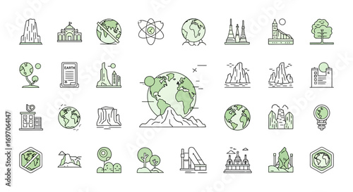 Vector Icons Set of Ecology and World Landmarks Line Icon Set for Environment and Travel. EPS Editable