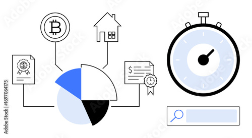 Graph connecting cryptocurrency, real estate, certificates, and documents. Stopwatch signifies time focus. Ideal for finance, blockchain, investment, analysis property management certifications