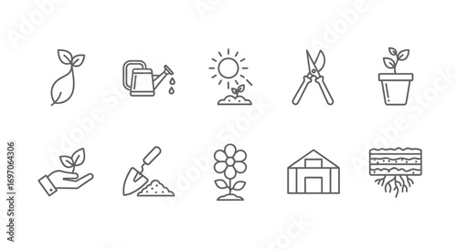 Vector Icons Set of Gardening and plant growth thin line vector icon set. EPS Editable