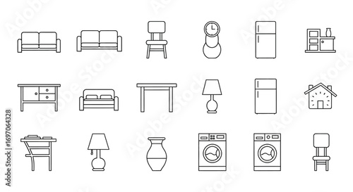 Vector Icons Set of Furniture and Home Appliances Outline Icon Set Collection. EPS Editable