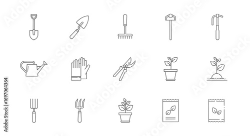 Vector Icons Set of Gardening tools and plant icons simple line art set. EPS Editable