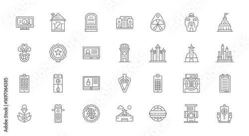 Vector Icons Set of Government Buildings Security and Official Documents Line Icon Set. EPS Editable