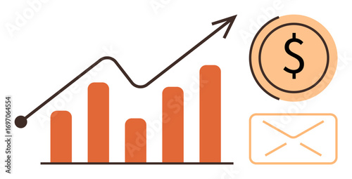 Bar chart with upward trend arrow, overlayed coin symbolizing finance, and envelope for communication. Ideal for business, finance, email marketing, profit growth, analytics, economy success in