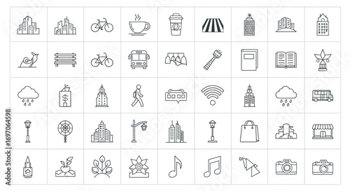 Vector Icons Set of Hand drawn city life and urban elements icon set. EPS Editable