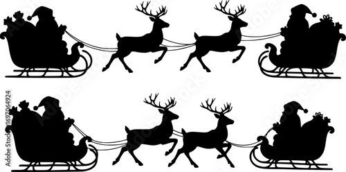 Silhouette santa clause and reindeer sleigh for christmas decoration clip art
