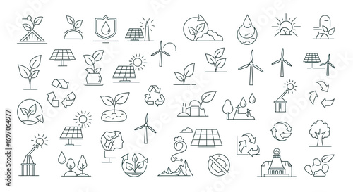 Vector Icons Set of Hand Drawn Ecology and Renewable Energy Icon Set Collection. EPS Editable