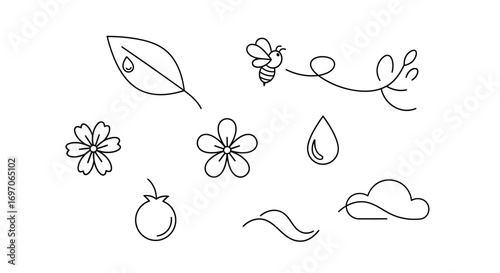 Vector Icons Set of Hand drawn minimalist nature icons set with bee flower leaf and cloud. EPS Editable