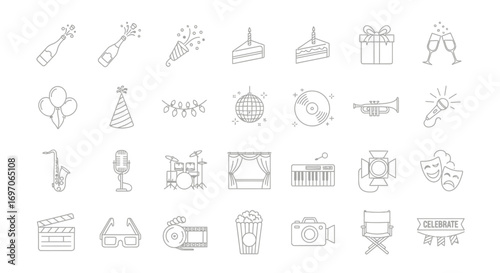 Vector Icons Set of Hand drawn party cinema and entertainment line art icon set. EPS Editable