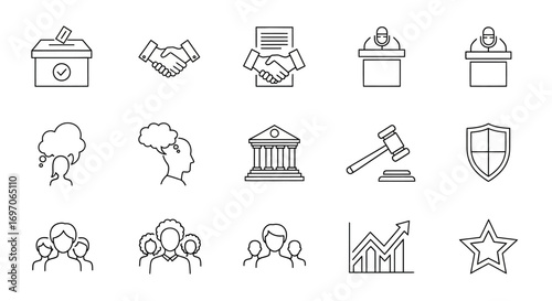 Vector Icons Set of Hand Drawn Politics and Law Icon Set for Elections and Government. EPS Editable