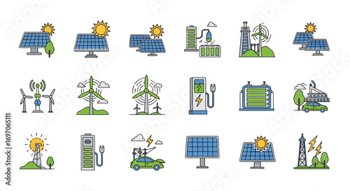 Hand Drawn Renewable Energy and Eco Friendly Technology Icons Set. EPS Editable