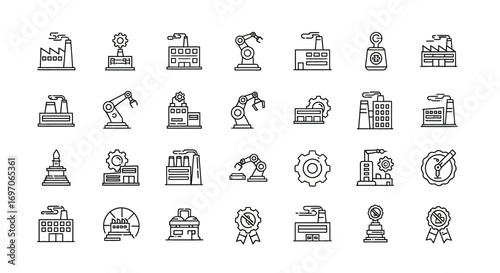 Vector Icons Set of Industrial Factory and Manufacturing Process Line Icon Set 1. EPS Editable