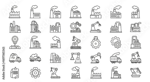 Vector Icons Set of Industrial Factory and Manufacturing Process Line Icon Set. EPS Editable