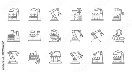Vector Icons Set of Industrial Factory and Robotic Arm Automation Icon Set. EPS Editable