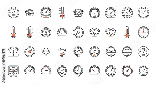 Vector Icons Set of Large Set of Gauge Meter Thermometer and Speedometer Line Icons. EPS Editable