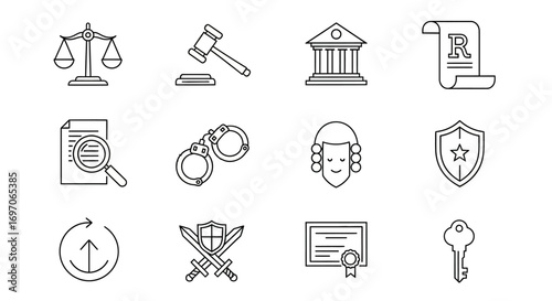 Vector Icons Set of Law and Justice System Thin Line Icon Set Collection. EPS Editable
