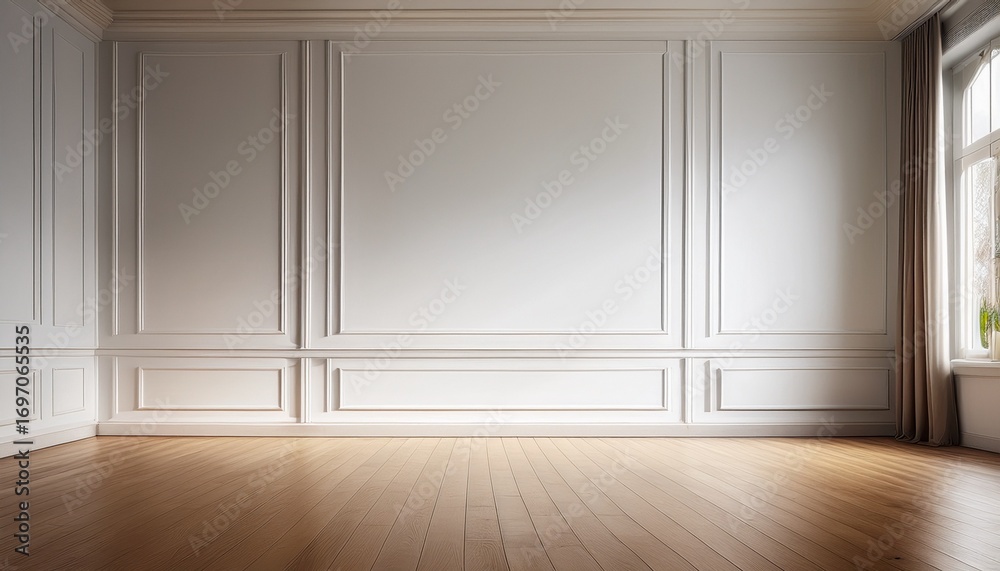 Fototapeta premium empty room interior featuring light wood flooring and a plain white wall ideal for mockups and design presentations
