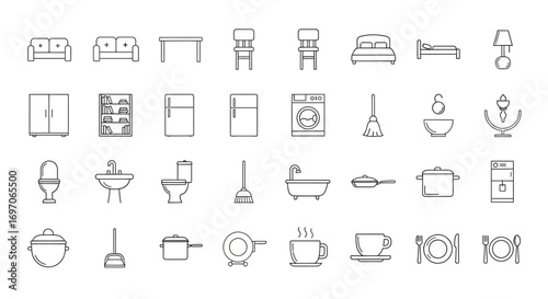Vector Icons Set of Minimalist line art icon set of household furniture and appliances. EPS Editable
