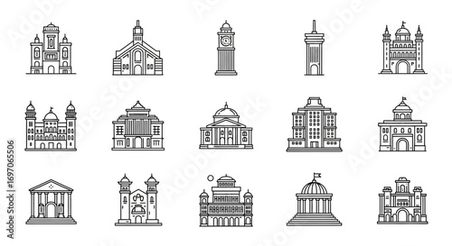 Vector Icons Set of Minimalist Line Art Icons of Famous Architectural Landmarks. EPS Editable