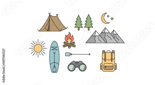 Vector Icons Set of Outdoor adventure and camping icon set with tent mountains and campfire. EPS Editable
