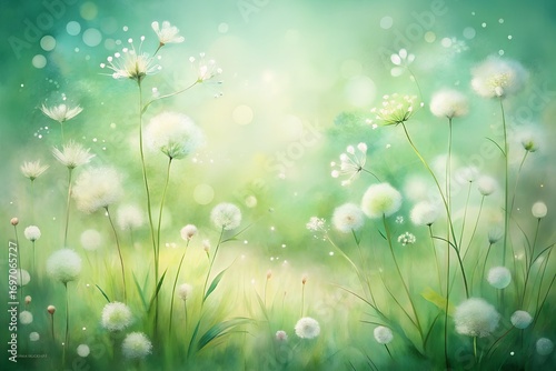 Photo of impressionistic watercolor artwork depicting a sundrenched field of white wildflowers and green grass, with a soft, hazy atmosphere and gentle light