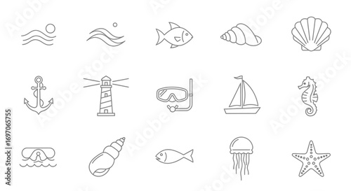 Vector Icons Set of Set of hand drawn nautical and marine life icons. EPS Editable