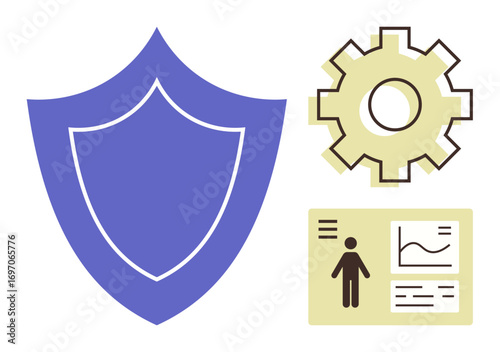 Shield symbolizing security, gear conveying system processes, and data panel highlighting analysis. Ideal for cybersecurity, data protection, process optimization, risk management, digital safety