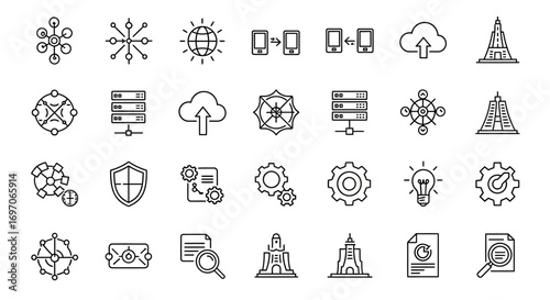 Vector Icons Set of Technology Data Network and Cloud Computing Thin Line Icon Set. EPS Editable