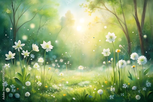 Photo of enchanting spring meadow bathed in soft sunlight, with delicate white wildflowers and lush green grass, creating a serene and magical atmosphere