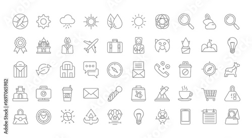 Vector Icons Set of Universal thin line icons set for various categories like business travel and technology. EPS Editable