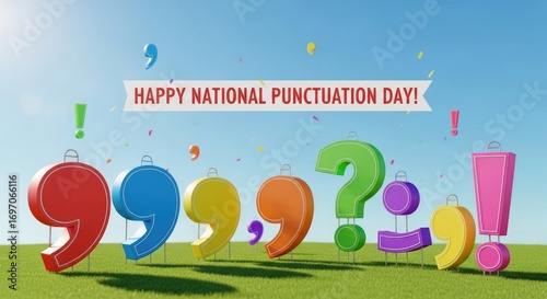 Happy National Punctuation Day banner shown with various vibrant punctuation marks standing on a green field under a clear blue sky, with festive confetti falling around, celebrating grammar.