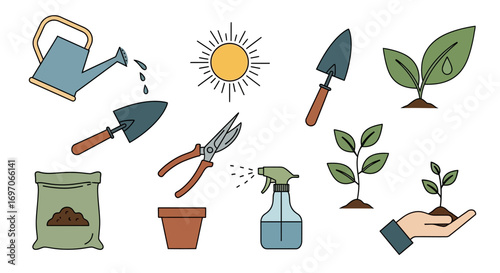 Vector Icons Set of A colorful hand drawn collection of gardening tools and plant care icons. EPS Editable