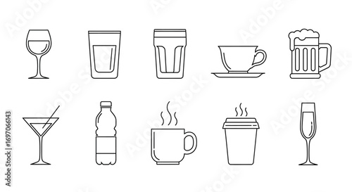 Vector Icons Set of A collection of various drink icons in a minimalist line art style. EPS Editable