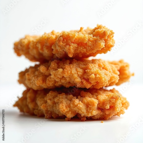 Stack of three crispy golden fried chicken tenders. Savoury breaded meat poultry, delicious crunchy texture. Perfect for fast food, snack, lunch, dinner meals. High protein cookery dish.