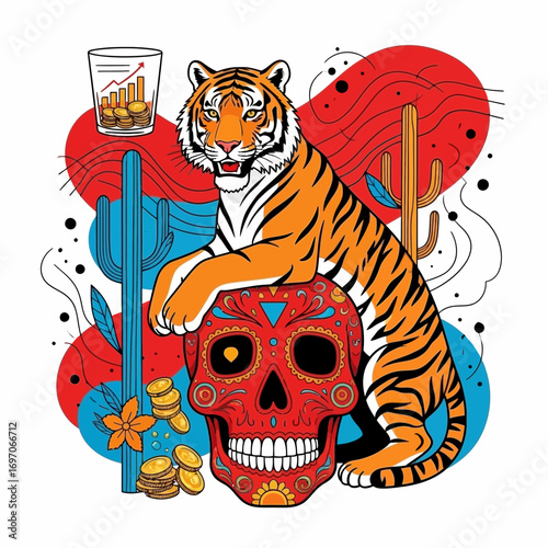 Tiger on skull with desert elements and drink