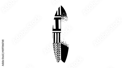Vector Stylized blade with disintegrating typographic elements.