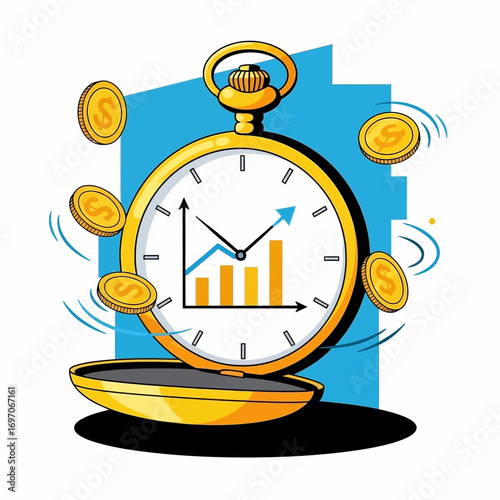 Pocket watch with financial chart and falling coins.