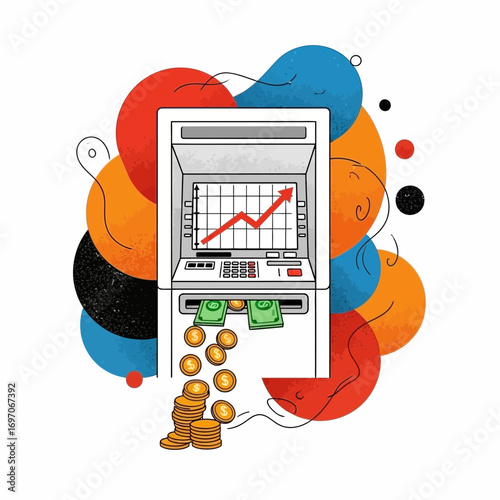 Atm dispensing cash and coins with growth chart on screen