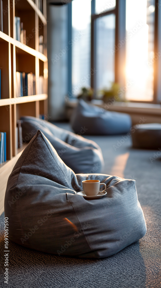 Obraz premium Cozy workspace with soft beanbag chairs, a warm cup, and natural light for relaxed work or study sessions.