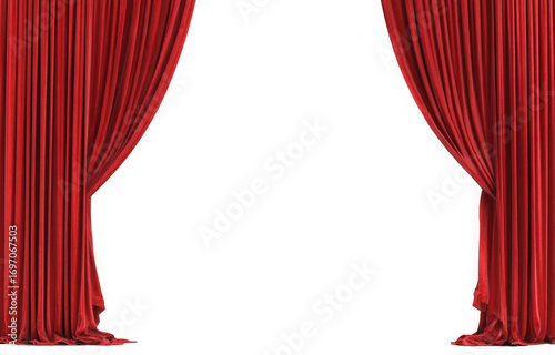 Luxurious red velvet theater curtains opening to reveal a blank white stage background.