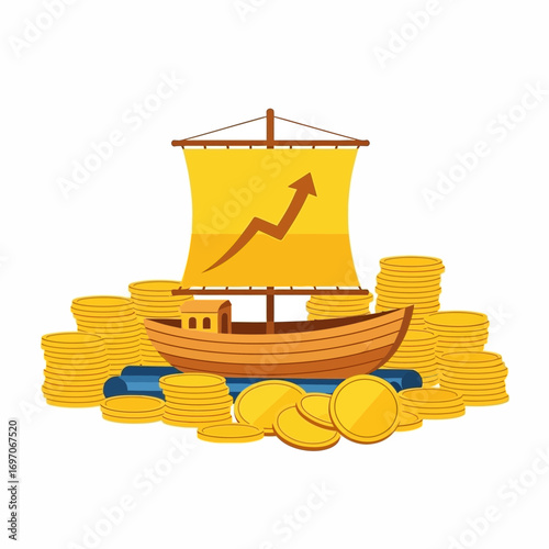 Ship with sail showing growth chart surrounded by gold coins.