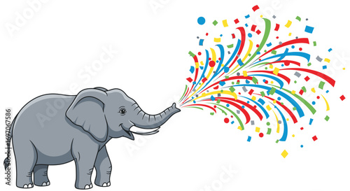 Cheerful elephant spraying colorful confetti from trunk