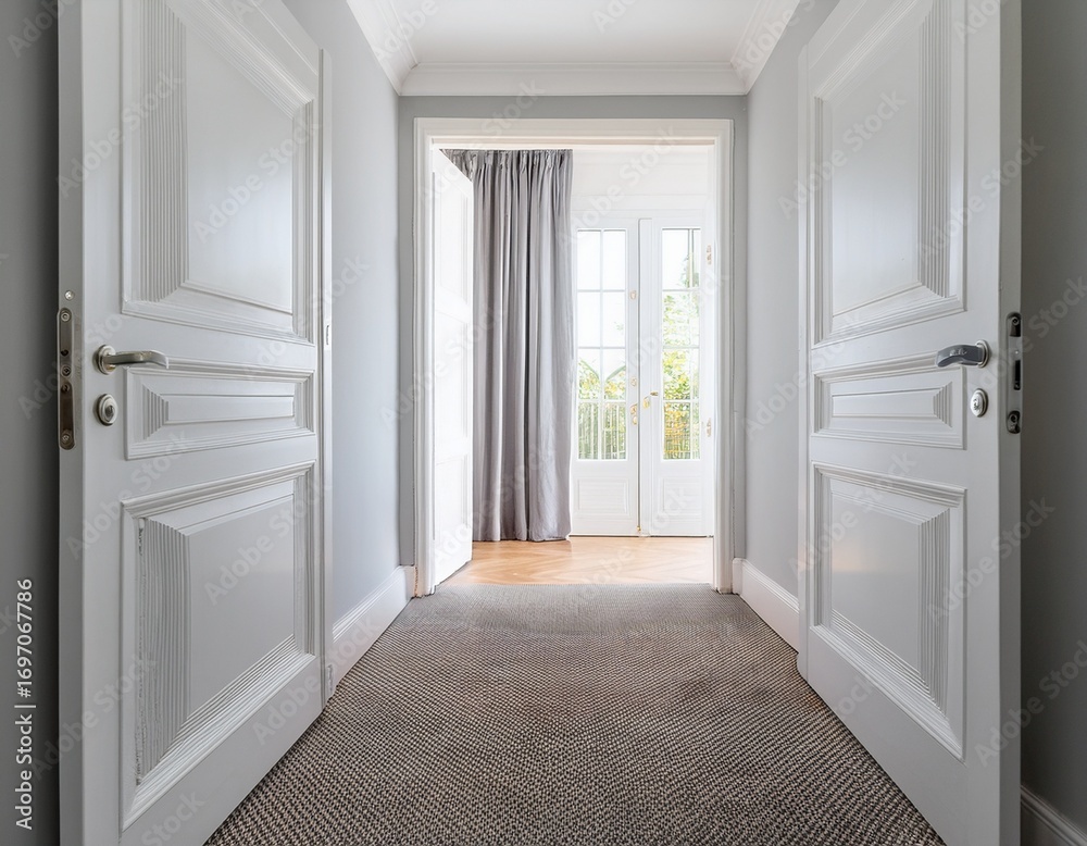 Fototapeta premium open white doors reveal a bright empty hallway