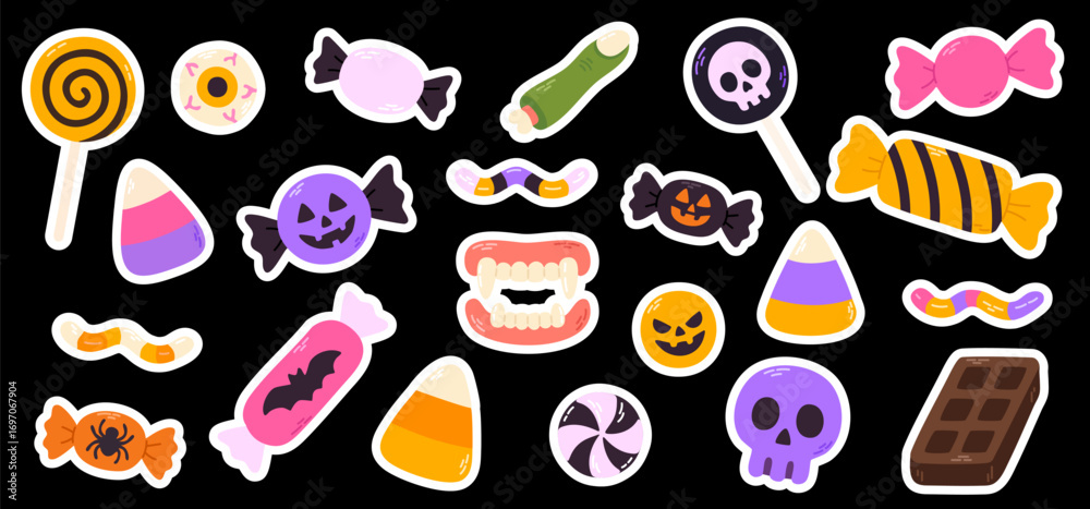 Naklejka premium Collection of Halloween candy including lollipops, chocolate, candy corn, and spooky treats